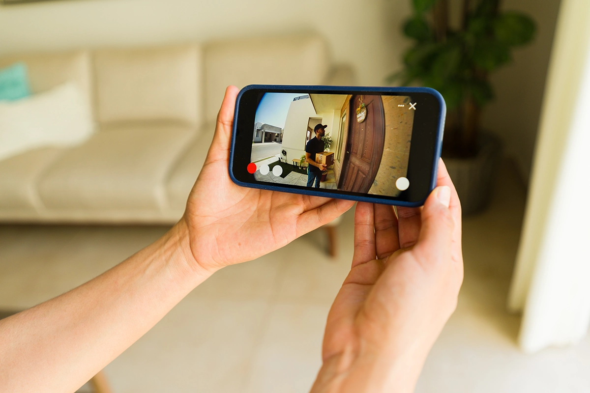 Woman using a phone cybersecurity app to check home security camera remotely