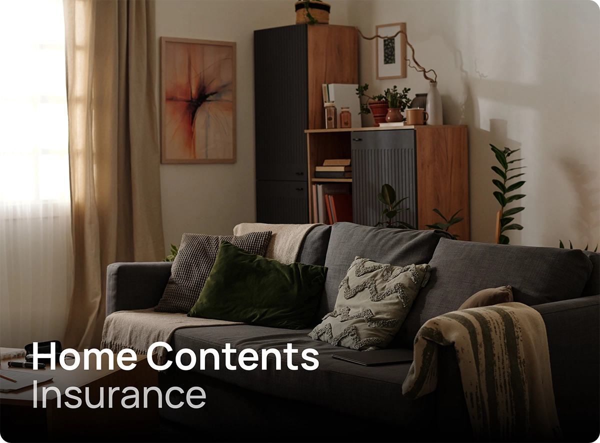 Stylish living room with furniture and art covered by contents insurance