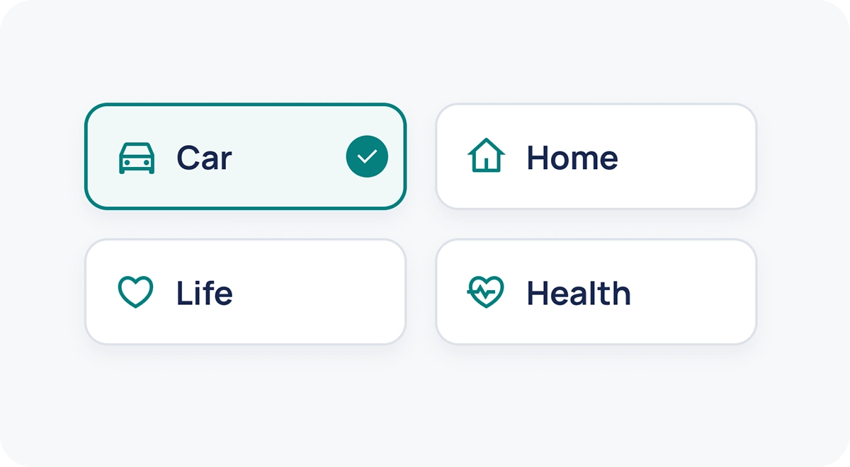 Image of four icons to choose your insurance type displaying car, home, life and health